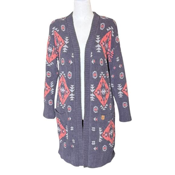 Cozy Cardigan Grey Aztec Simply Southern Long Open Front Size S Grey Pink - Picture 1 of 5